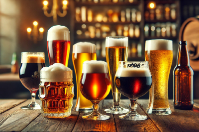  Une sélection de verres de bière de différentes formes remplis de bières blondes, ambrées et brunes, disposés sur une table en bois dans une ambiance chaleureuse de pub