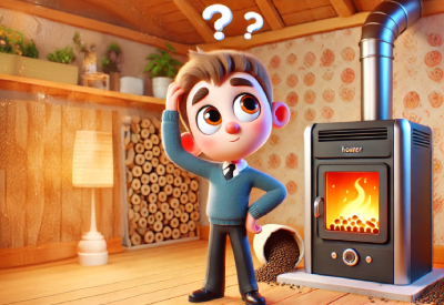 Illustration montrant un personnage de style animé se grattant la tête avec une expression interrogative, symbolisée par des points d'interrogation au-dessus de lui. Il se tient à côté d'un poêle à pellets en fonctionnement, avec des granulés de bois renversés sur le sol. L'environnement est chaleureux et accueillant, dans une pièce en bois avec des bûches empilées en arrière-plan. L'atmosphère évoque la réflexion sur l'utilisation ou le fonctionnement du poêle à pellets