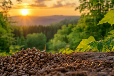  Image montrant un tas de pellets en premier plan, posé sur le sol, avec en arrière-plan un magnifique coucher de soleil illuminant une forêt verdoyante. Le contraste entre les pellets et la nature environnante souligne l'aspect écologique et durable de cette source d'énergie. L'atmosphère est calme et sereine, évoquant l'harmonie entre l'homme et la nature