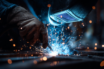 Gros plan sur un soudeur en pleine action : une main gantée tient l’électrode tandis qu’un casque de protection couvre le visage. L’arc électrique dégage une lumière bleue intense et de nombreuses étincelles orange jaillissent autour de la zone de soudage