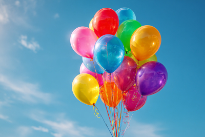 Bouquet de ballons gonflés à l’hélium aux couleurs vives flottant dans le ciel bleu, attachés par des rubans