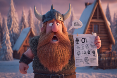 Illustration 3D humoristique d’un Viking barbu avec un casque à cornes, debout devant des cabanes en bois dans un paysage enneigé. Il tient à la main une grande feuille ressemblant à un plan de montage IKEA, mais qui présente en réalité une recette de bière, avec le mot “ÖL” écrit dessus. Le Viking a une expression surprise et dit “ÖL ?” dans une bulle