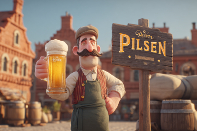 Illustration 3D humoristique d’un brasseur moustachu en tablier, debout sur une place historique de Pilsen. Il tient fièrement une grande chope de bière dorée à la mousse blanche. À côté de lui se trouve une enseigne en bois indiquant “Pilsen”. En arrière-plan, on aperçoit des bâtiments anciens et des tonneaux de brasserie