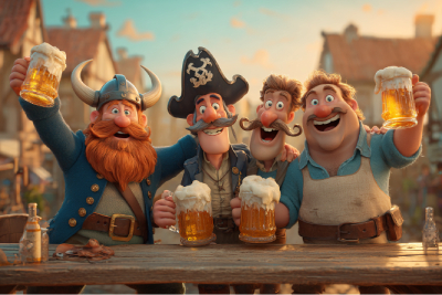 Illustration 3D humoristique montrant quatre personnages attablés dans un village : un Viking barbu, un marin anglais au tricorne, un brasseur moustachu et un jeune homme moderne. Tous sourient et lèvent leurs grandes chopes de bière mousseuses dans une ambiance conviviale et festive