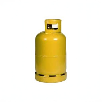Bonbonne de gaz propane jaune de 10 kg avec poignée et raccord Clip-On, posée sur fond blanc.