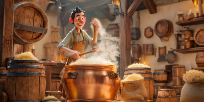 Illustration en style dessin animé 3D montrant un brasseur souriant, debout dans une brasserie rustique en bois. Il porte un tablier et remue la mousse d’un grand chaudron en cuivre rempli de bière en fermentation. Autour de lui, on distingue des tonneaux