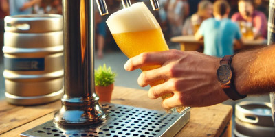 Illustration montrant une personne servant une bière à partir d'une pompe à bière, avec un verre incliné à environ 45 degrés pour obtenir une mousse parfaite. À l'arrière-plan, on aperçoit des fûts en métal et une ambiance extérieure festive avec des gens