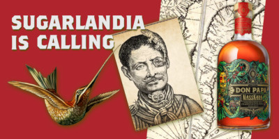 Visuel Sugarlandia is calling avec colibri, portrait ancien et bouteille de rhum Don Papa sur fond rouge et carte vintage.