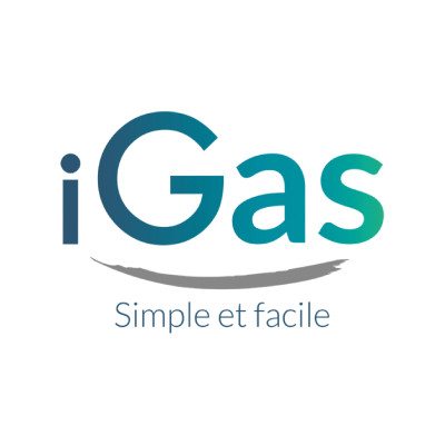 Le logo de l'entreprise iGas présente le nom 'iGas' en lettres minuscules, avec un design simple et épuré. Le 'i' est stylisé avec un point isolé au-dessus de la lettre, et le 'G' est plus large avec des courbes lisses. Les lettres varient du bleu foncé p