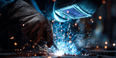 Gros plan sur un soudeur en action avec casque et gants, l’arc électrique produit une lumière bleue intense et des étincelles