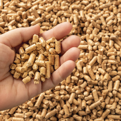 Main tenant une poignée de pellets de bois avec un fond rempli de pellets, illustrant la qualité et l'abondance des granulés de bois pour le chauffage.