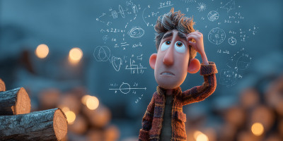 Personnage de style film d’animation, l’air perplexe devant un tas de bûches de bois, avec des formules mathématiques flottant au-dessus de sa tête, illustrant la difficulté à comprendre ce qu’est un stère de bois.