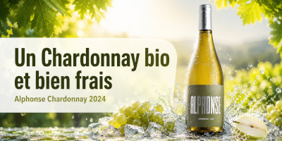 Vignette horizontale présentant une bouteille de vin blanc Alphonse Chardonnay 2024 bien fraîche, couverte de gouttelettes, posée dans des éclaboussures d’eau avec des glaçons, des raisins blancs et des feuilles de vigne. À gauche, un grand texte indique 